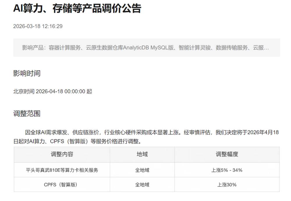 阿里云宣布涨价，最高涨幅达34%-最极客